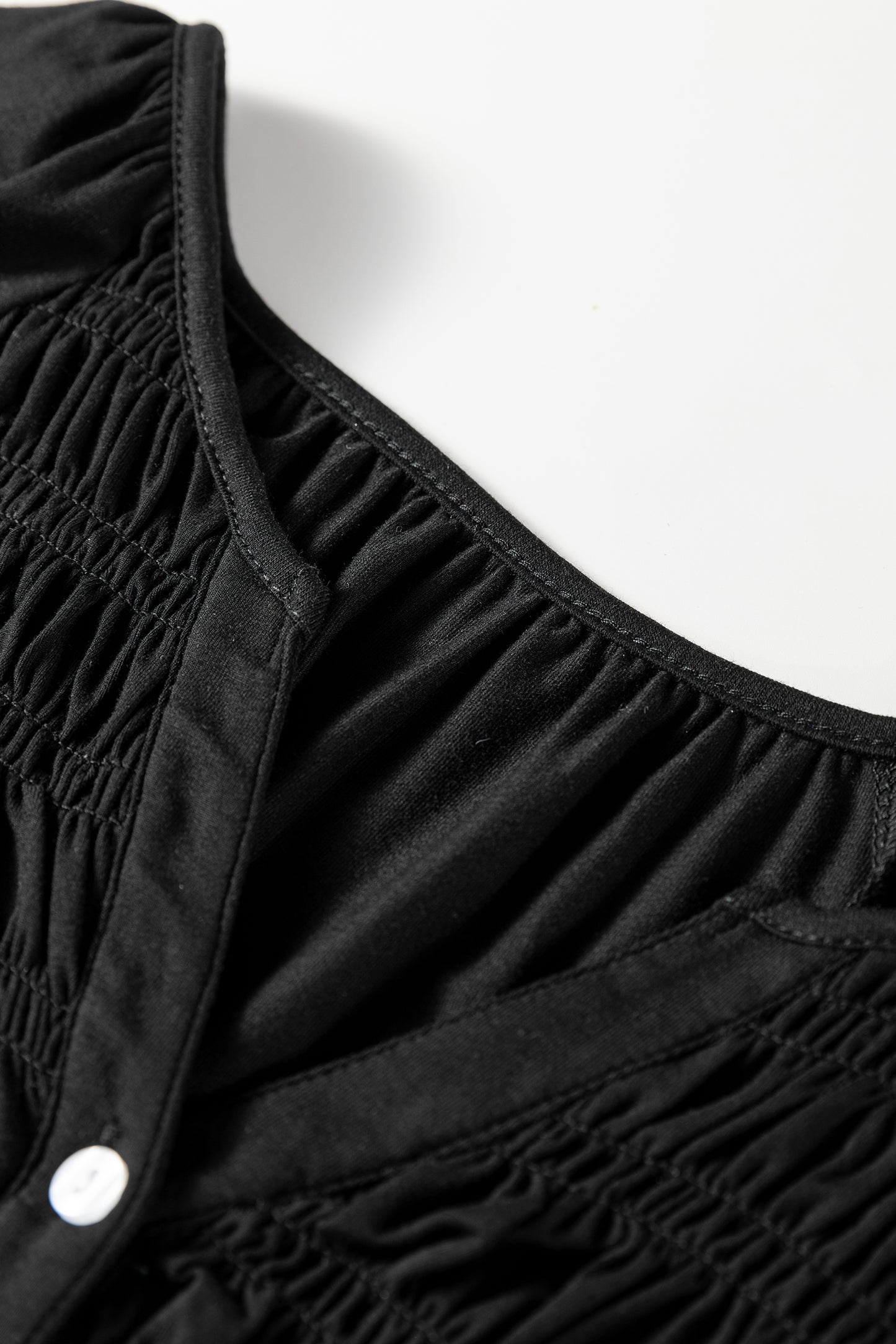 Black Smocked Bust Buttoned Split V Neck Flow Fit Blouse-Tops/Blouses & Shirts-[Adult]-[Female]-2022 Online Blue Zone Planet