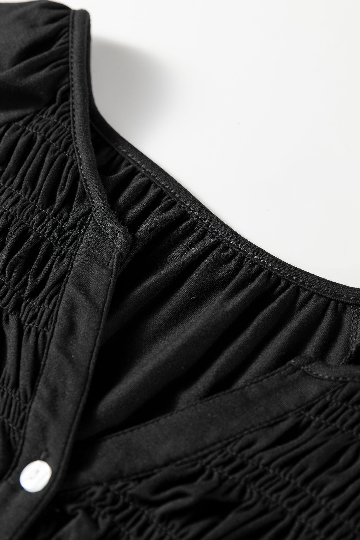 Black Smocked Bust Buttoned Split V Neck Flow Fit Blouse-Tops/Blouses & Shirts-[Adult]-[Female]-2022 Online Blue Zone Planet