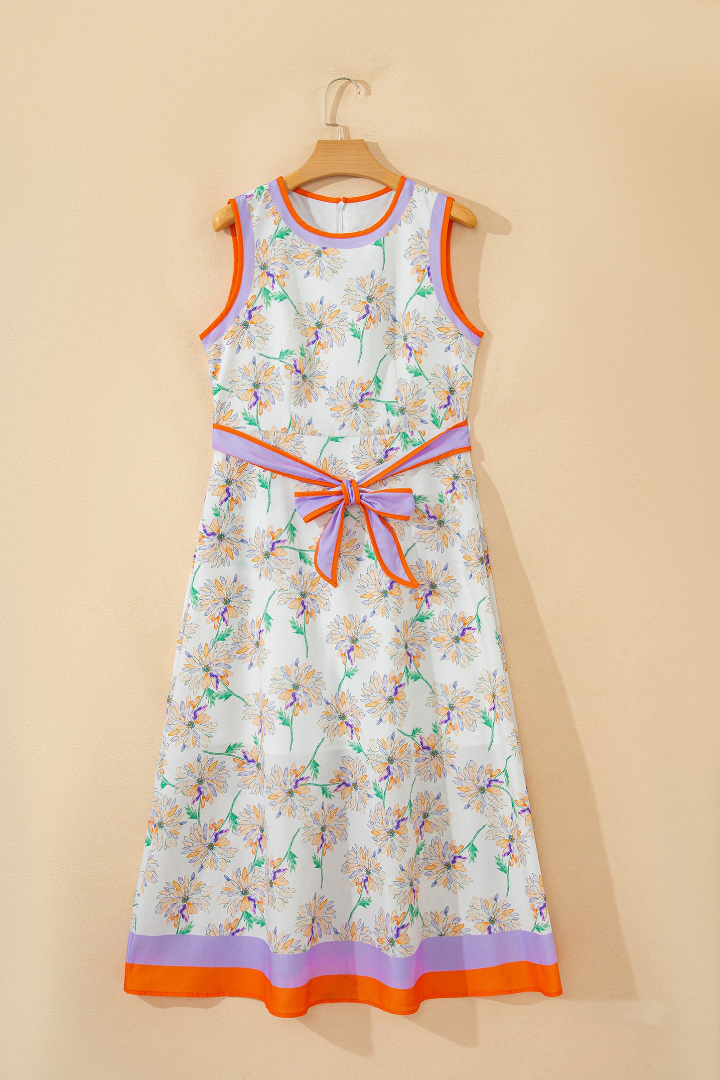 White Floral Print Color Block Trim Belted Sleeveless Maxi Dress-Dresses/Floral Dresses-[Adult]-[Female]-2022 Online Blue Zone Planet
