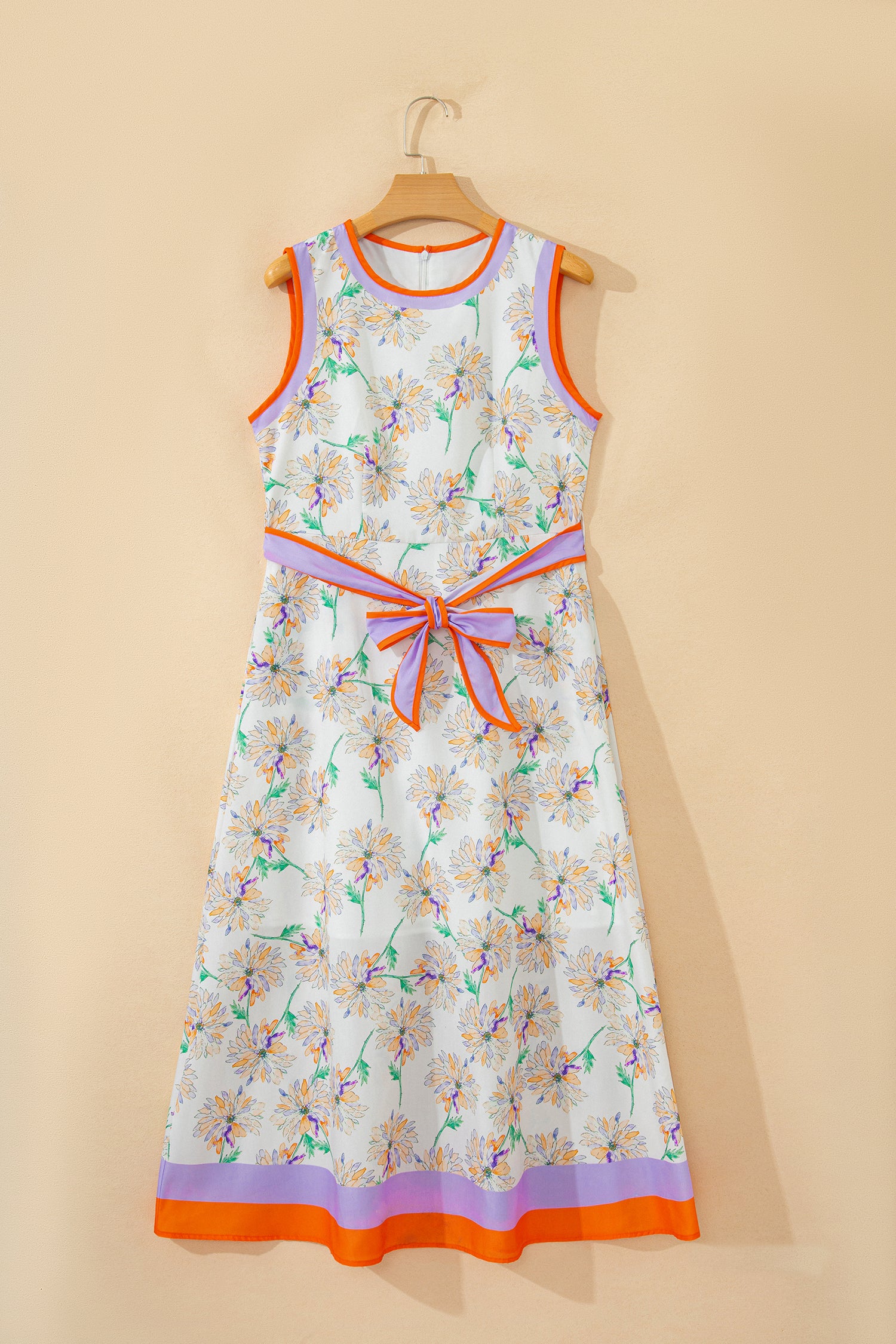 White Floral Print Color Block Trim Belted Sleeveless Maxi Dress-Dresses/Floral Dresses-[Adult]-[Female]-2022 Online Blue Zone Planet