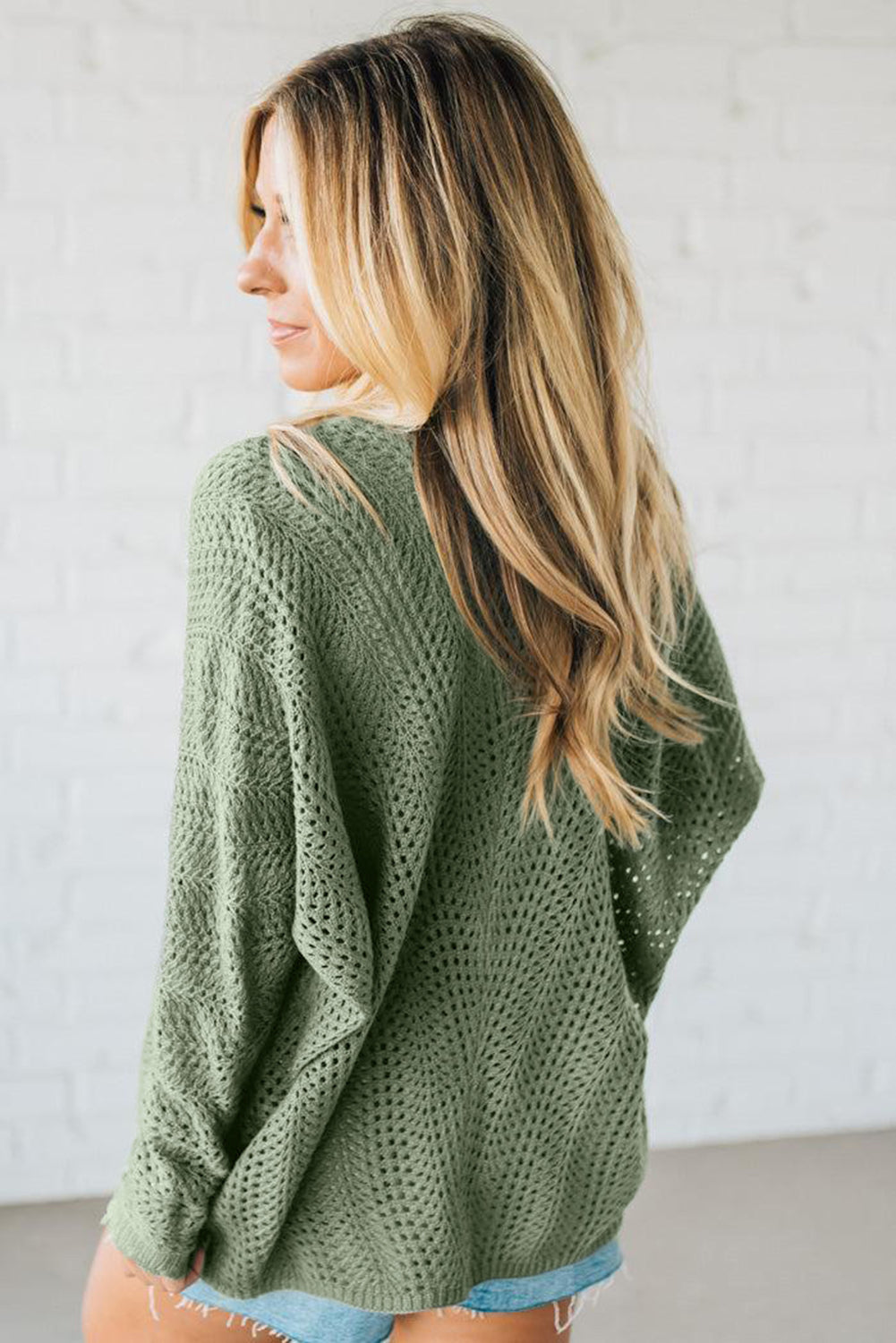 Green Bay Scalloped Edge Eyelet Knit Batwing Sleeve Cardigan-Sweaters & Cardigans/Cardigans-[Adult]-[Female]-2022 Online Blue Zone Planet