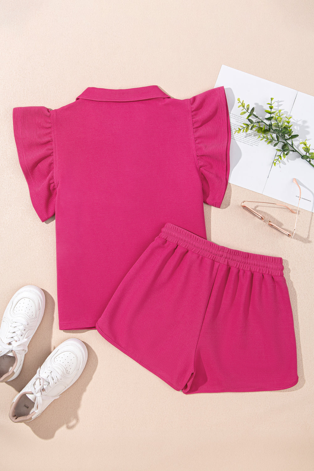 Strawberry Pink Striped Detail Flutter Sleeve Zipped Collar Short Set-Two Piece Sets/Short Sets-[Adult]-[Female]-2022 Online Blue Zone Planet