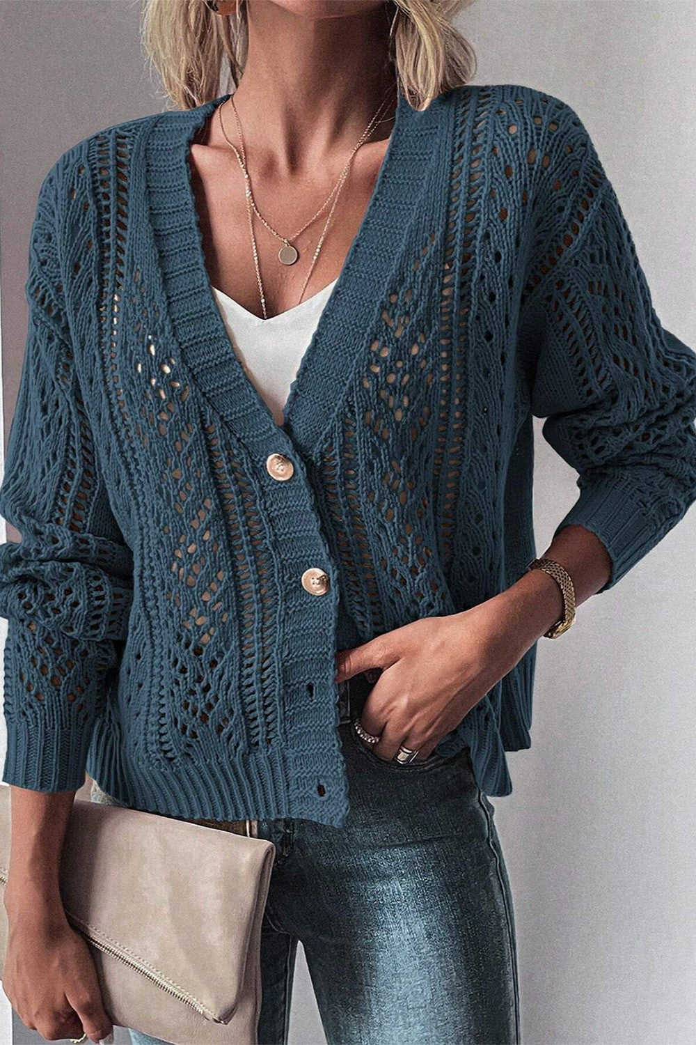 Openwork Button Up Long Sleeve Cardigan-TOPS / DRESSES-[Adult]-[Female]-Peacock Blue-S-2022 Online Blue Zone Planet