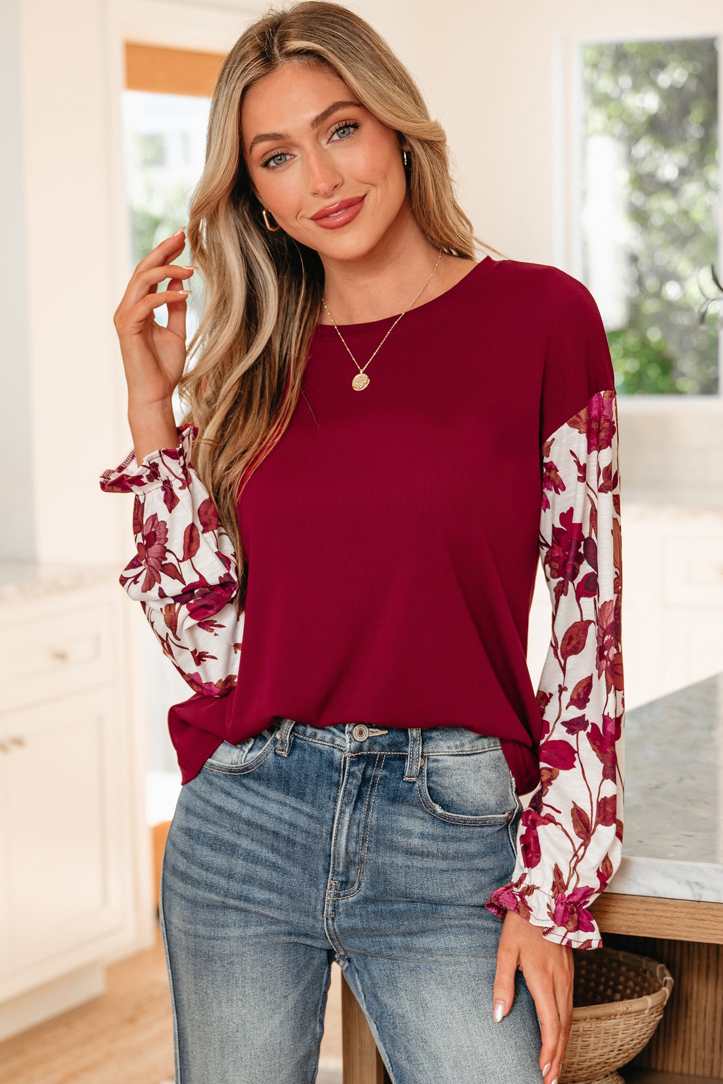 Wild Ginger Contrast Floral Sleeve Solid Ribbed Body Patchwork Long Sleeve Top-Tops/Long Sleeve Tops-[Adult]-[Female]-2022 Online Blue Zone Planet