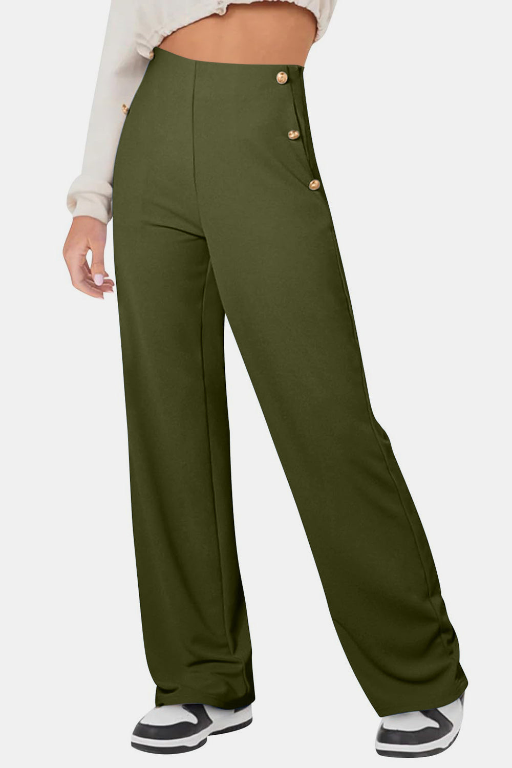 Decorative Button High Rise Pants-BOTTOMS SIZES SMALL MEDIUM LARGE-[Adult]-[Female]-Army Green-S-2022 Online Blue Zone Planet