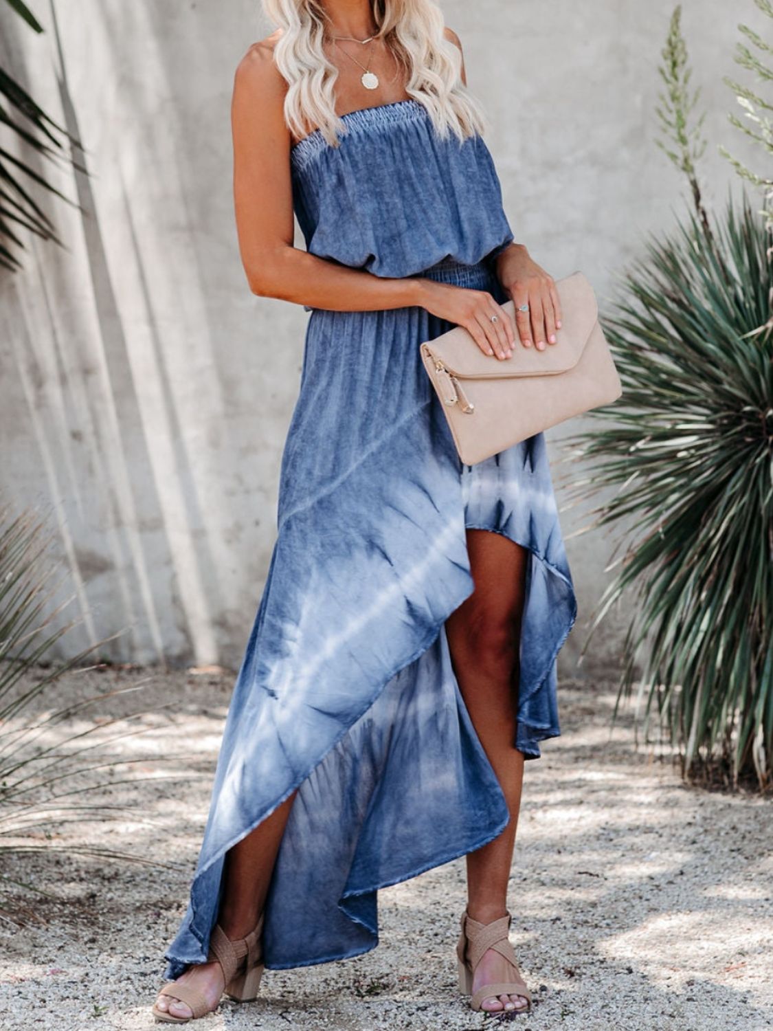 Blue Zone Planet |  Smocked High-Low Tube Denim Dress BLUE ZONE PLANET