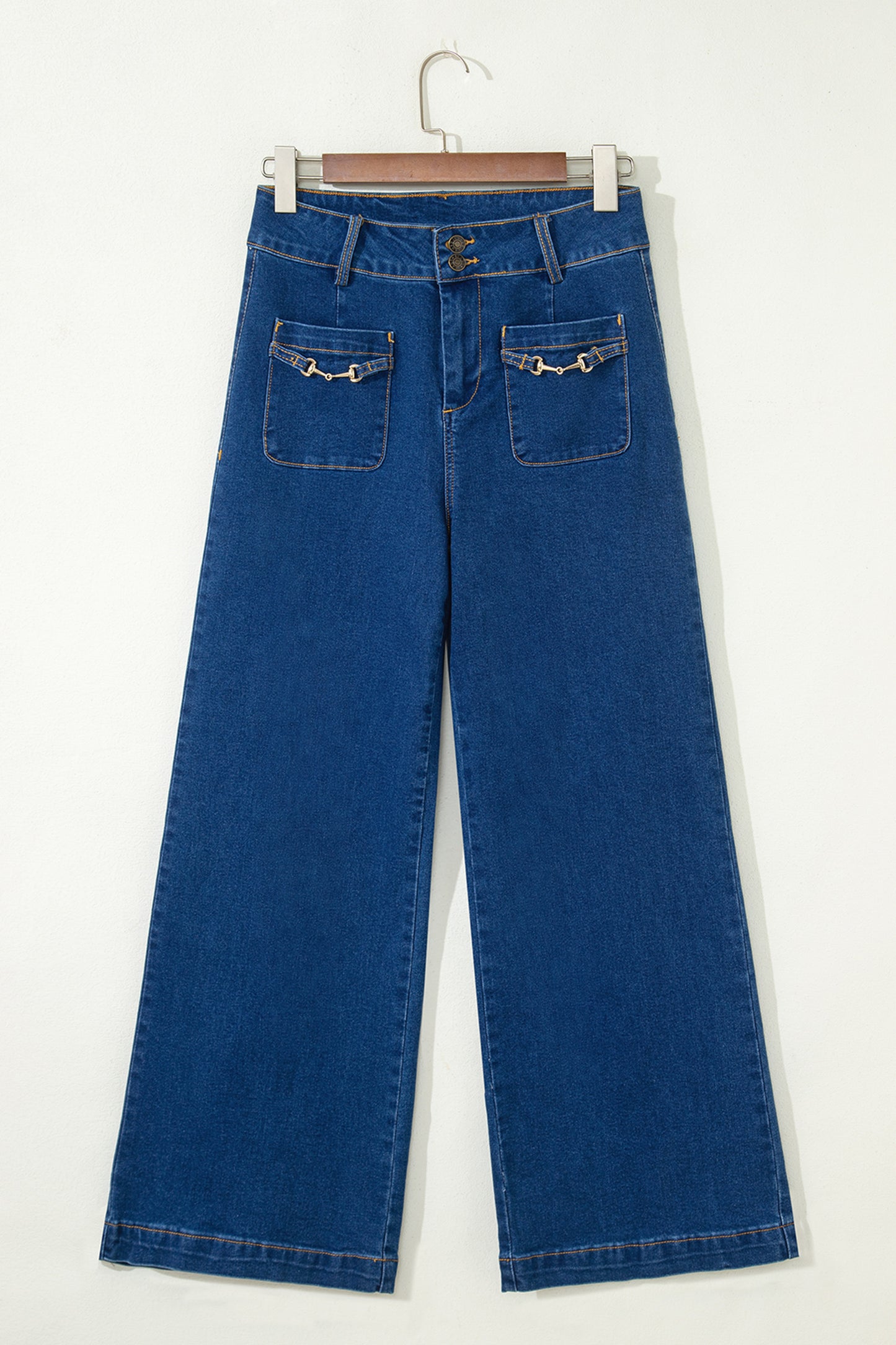 Sail Blue Hardware Decor Patched Pockets Wide Leg Denim Pants-Bottoms/Pants & Culotte-[Adult]-[Female]-2022 Online Blue Zone Planet