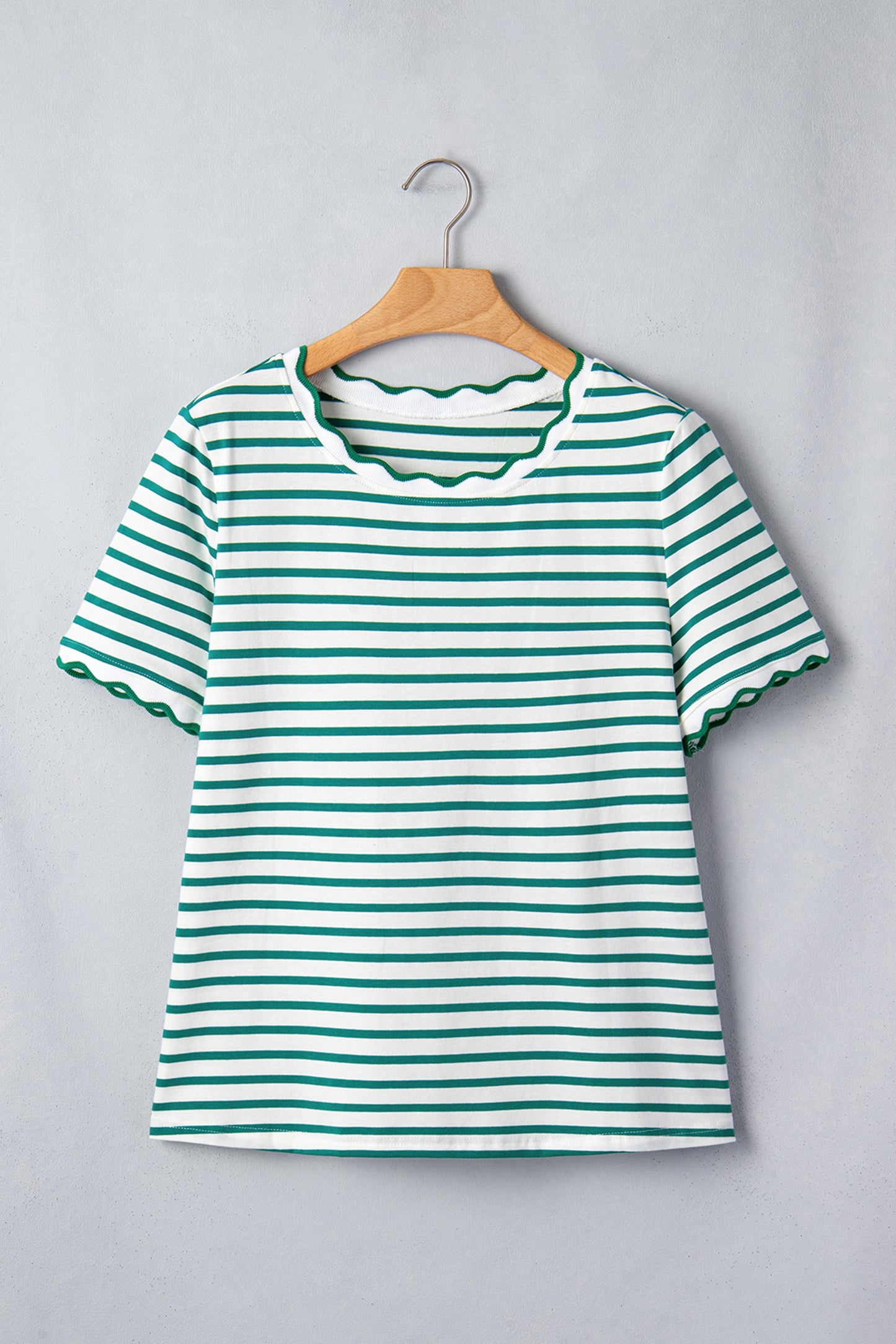 Pink Stripe Scalloped Trim Round Neck T Shirt-Tops/Tops & Tees-[Adult]-[Female]-2022 Online Blue Zone Planet