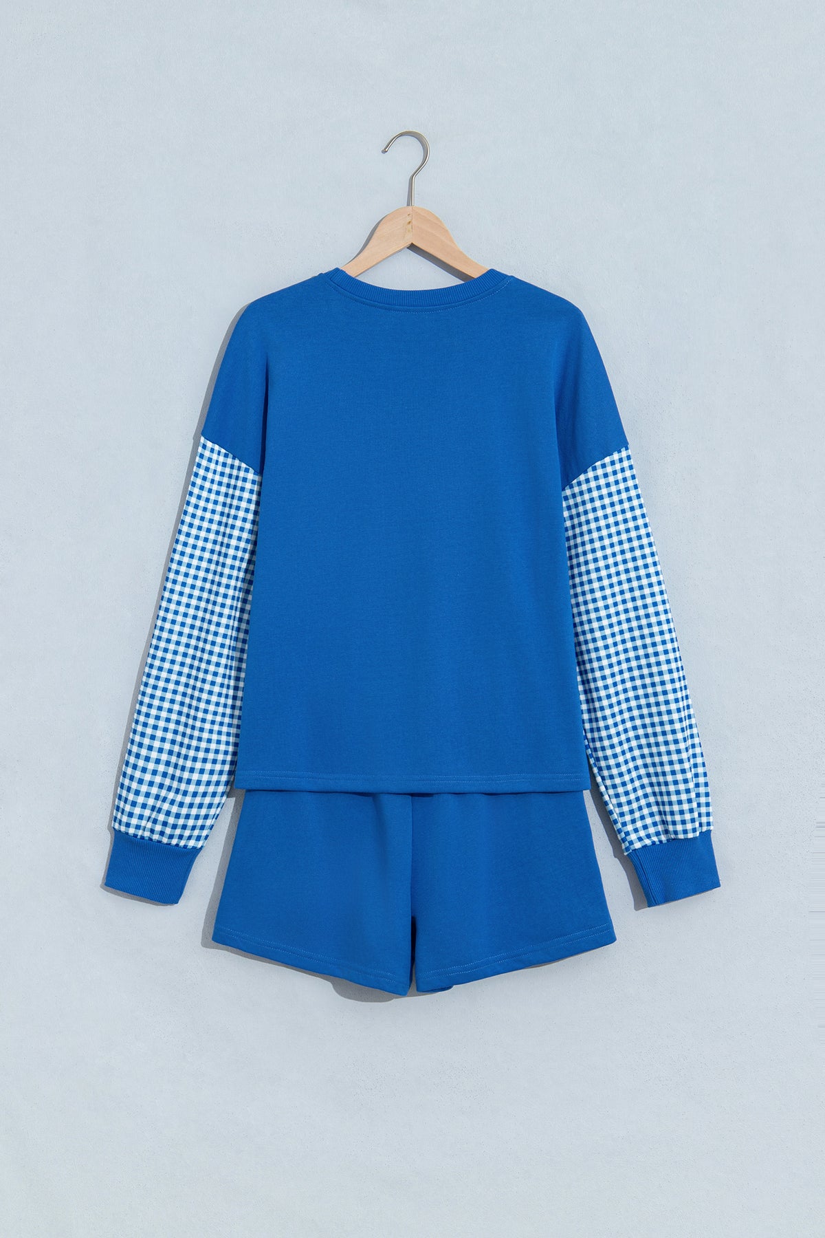 Blue Plaid Patchwork Long Sleeve Top Solid Drawstring Shorts Set-Two Piece Sets/Short Sets-[Adult]-[Female]-2022 Online Blue Zone Planet
