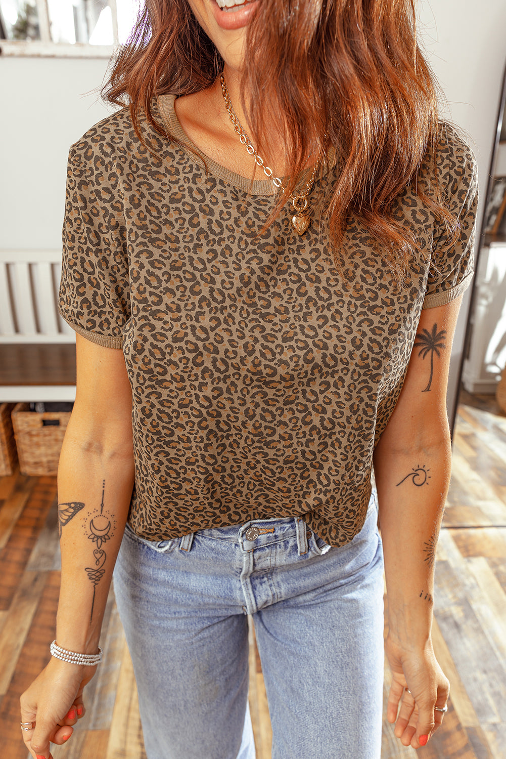 Khaki Fierce Leopard Crew Neck T Shirt-Tops/Tops & Tees-[Adult]-[Female]-2022 Online Blue Zone Planet