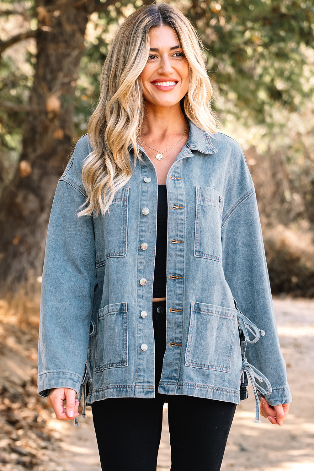 Beau Blue Multi Patched Pockets Side Tie up Boyfriend Style Denim Jacket-Outerwear/Denim jackets-[Adult]-[Female]-2022 Online Blue Zone Planet