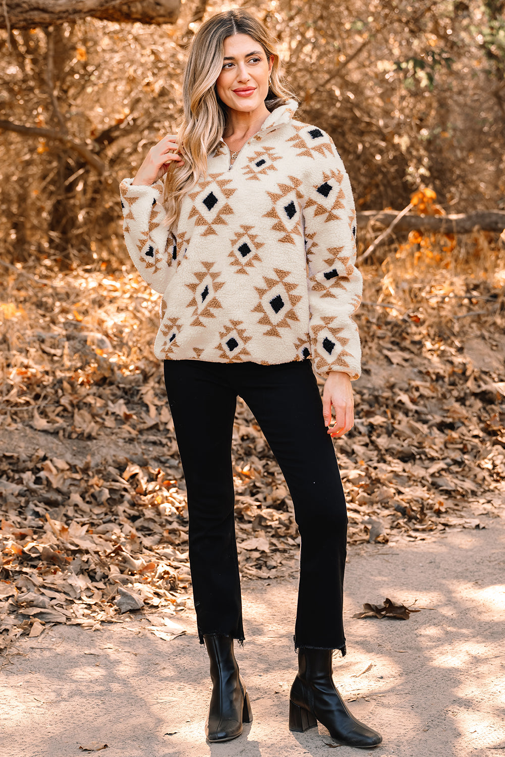 Khaki Aztec Print Sherpa Quarter Zip Collar Sweatshirt-Tops/Sweatshirts & Hoodies-[Adult]-[Female]-2022 Online Blue Zone Planet