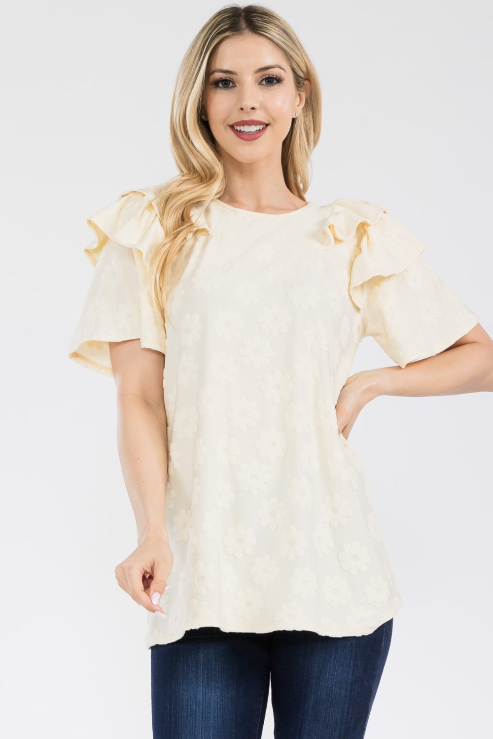 Celeste Full Size Ruffle Layered Short Sleeve Daisy Floral Top-TOPS / DRESSES-[Adult]-[Female]-Cream-S-2022 Online Blue Zone Planet