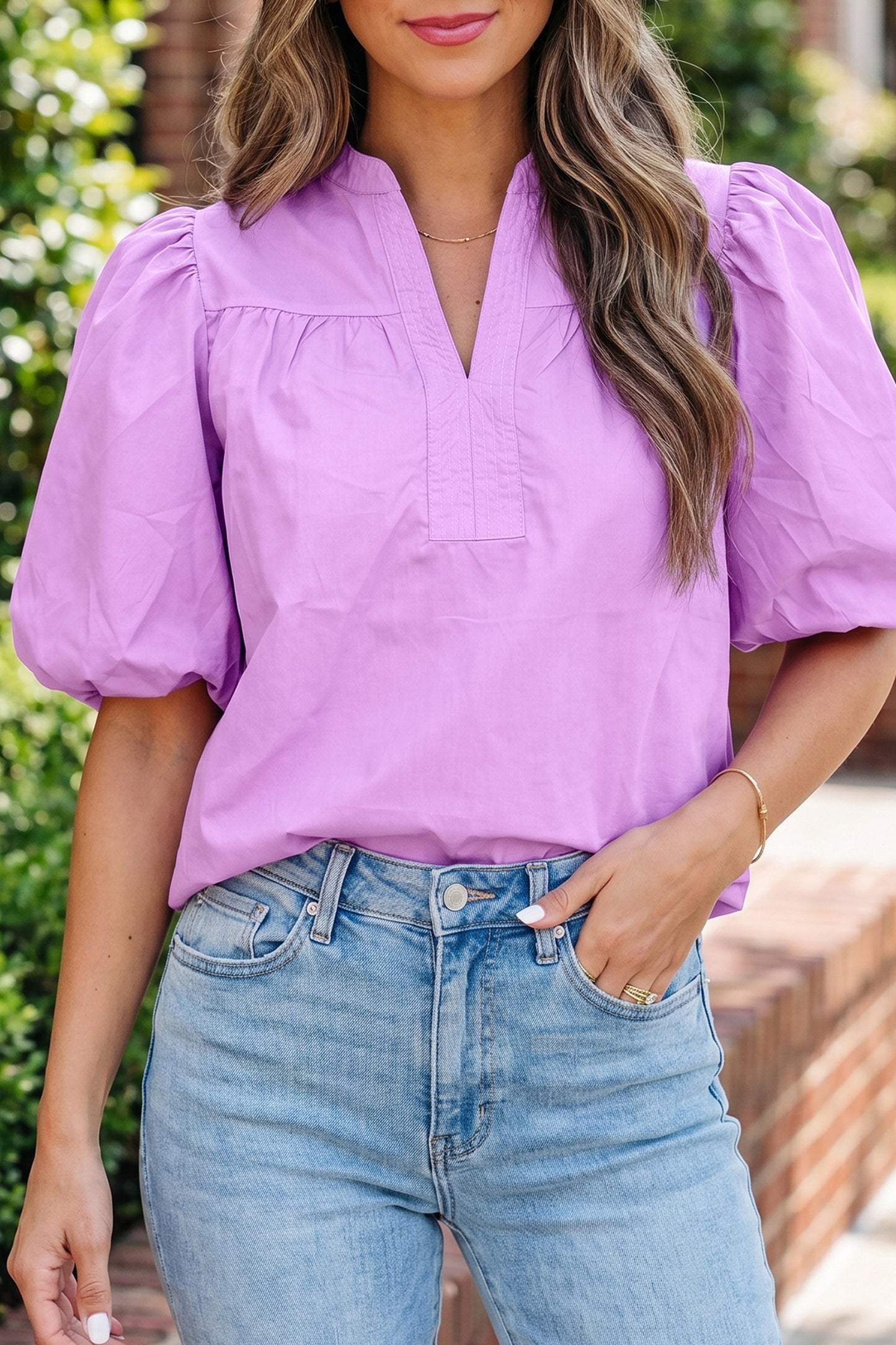 Phalaenopsis Stitched Detail V Neck Puffy Half Sleeve Blouse-Tops/Blouses & Shirts-[Adult]-[Female]-2022 Online Blue Zone Planet