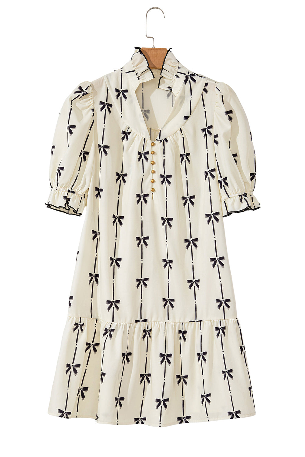 Blue Zone Planet | Beige Cute Bowknot Printed Bubble Sleeve V Neck Mini Dress-TOPS / DRESSES-[Adult]-[Female]-2022 Online Blue Zone Planet