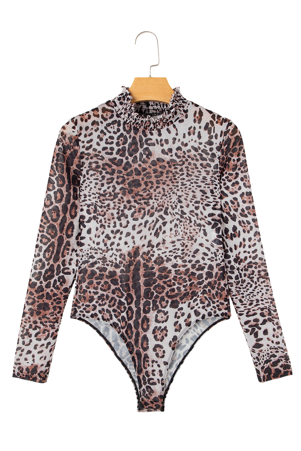 Brown Leopard Smocked Neck Mesh Long Sleeve Bodysuit-Tops/Bodysuits-[Adult]-[Female]-2022 Online Blue Zone Planet
