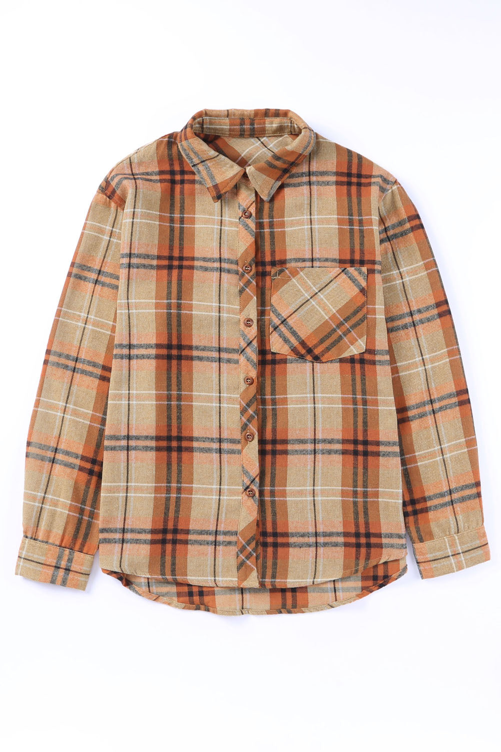 Orange Plaid Pocket Buttoned Long Sleeve Shirt-Tops/Blouses & Shirts-[Adult]-[Female]-2022 Online Blue Zone Planet