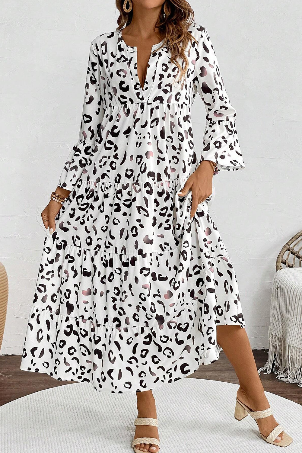 White Leopard Print Notch V Neck Loose Fit Maxi Dress-Dresses/Maxi Dresses-[Adult]-[Female]-2022 Online Blue Zone Planet