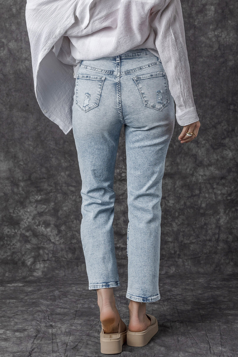 Sky Blue Light Wash Frayed Slim Fit High Waist Jeans-Bottoms/Jeans-[Adult]-[Female]-2022 Online Blue Zone Planet