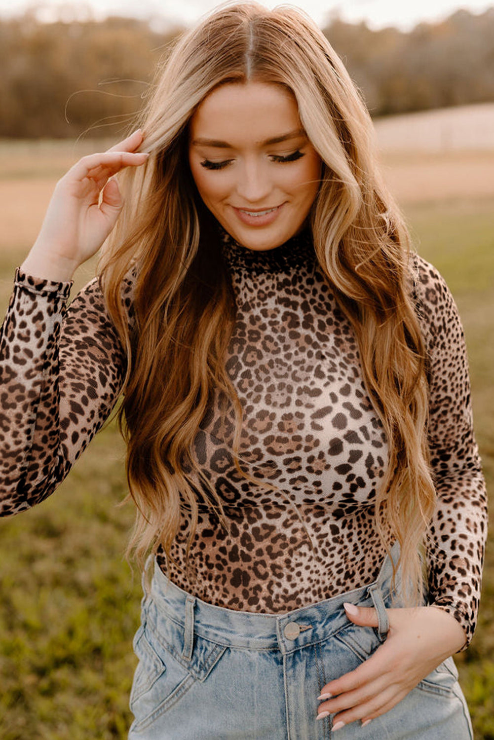 Brown Leopard Smocked Neck Mesh Long Sleeve Bodysuit-Tops/Bodysuits-[Adult]-[Female]-2022 Online Blue Zone Planet