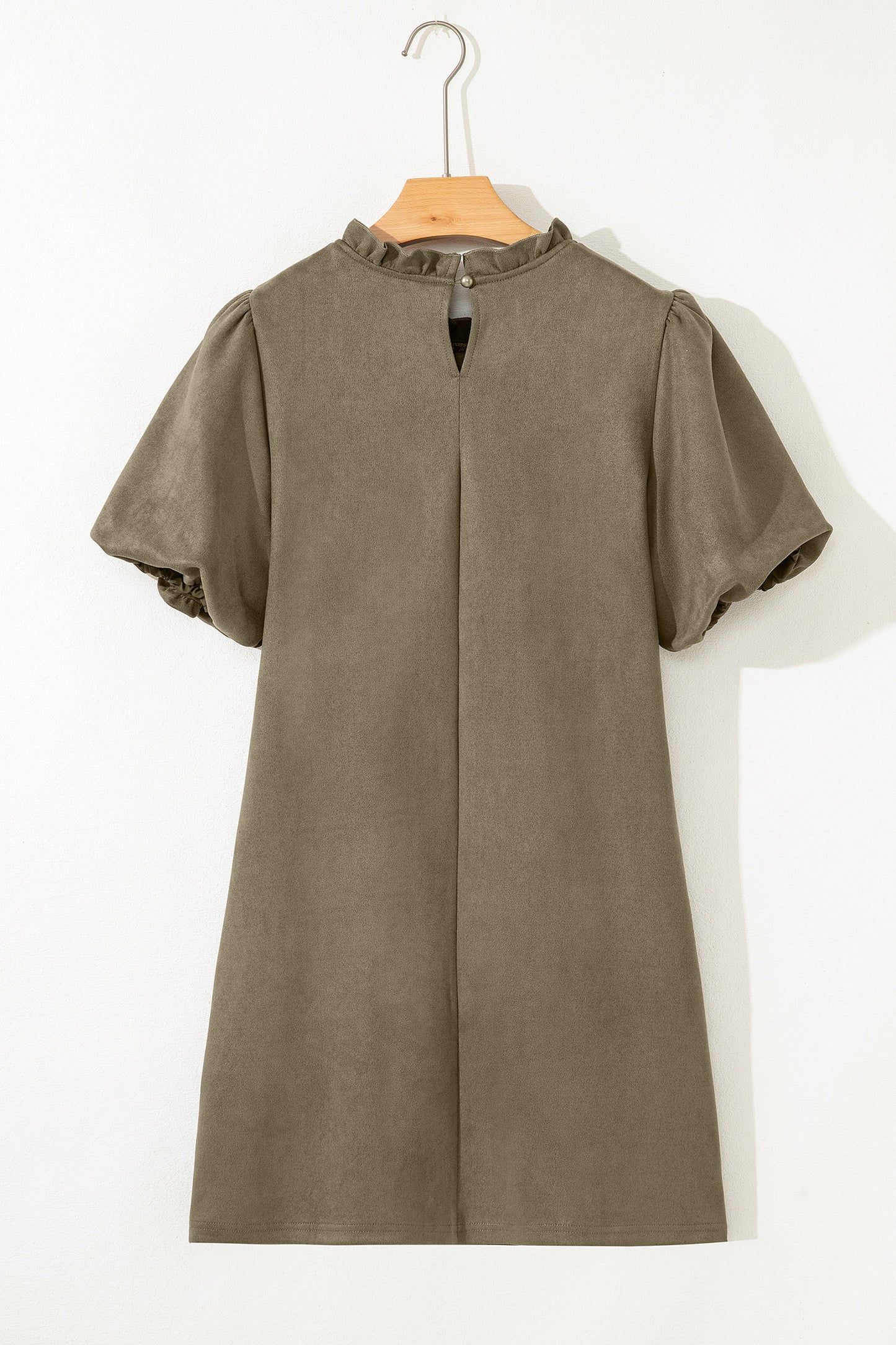 Moss Green Frilled Round Neck Short Puff Sleeve Shift Mini Dress-TOPS / DRESSES-[Adult]-[Female]-2022 Online Blue Zone Planet