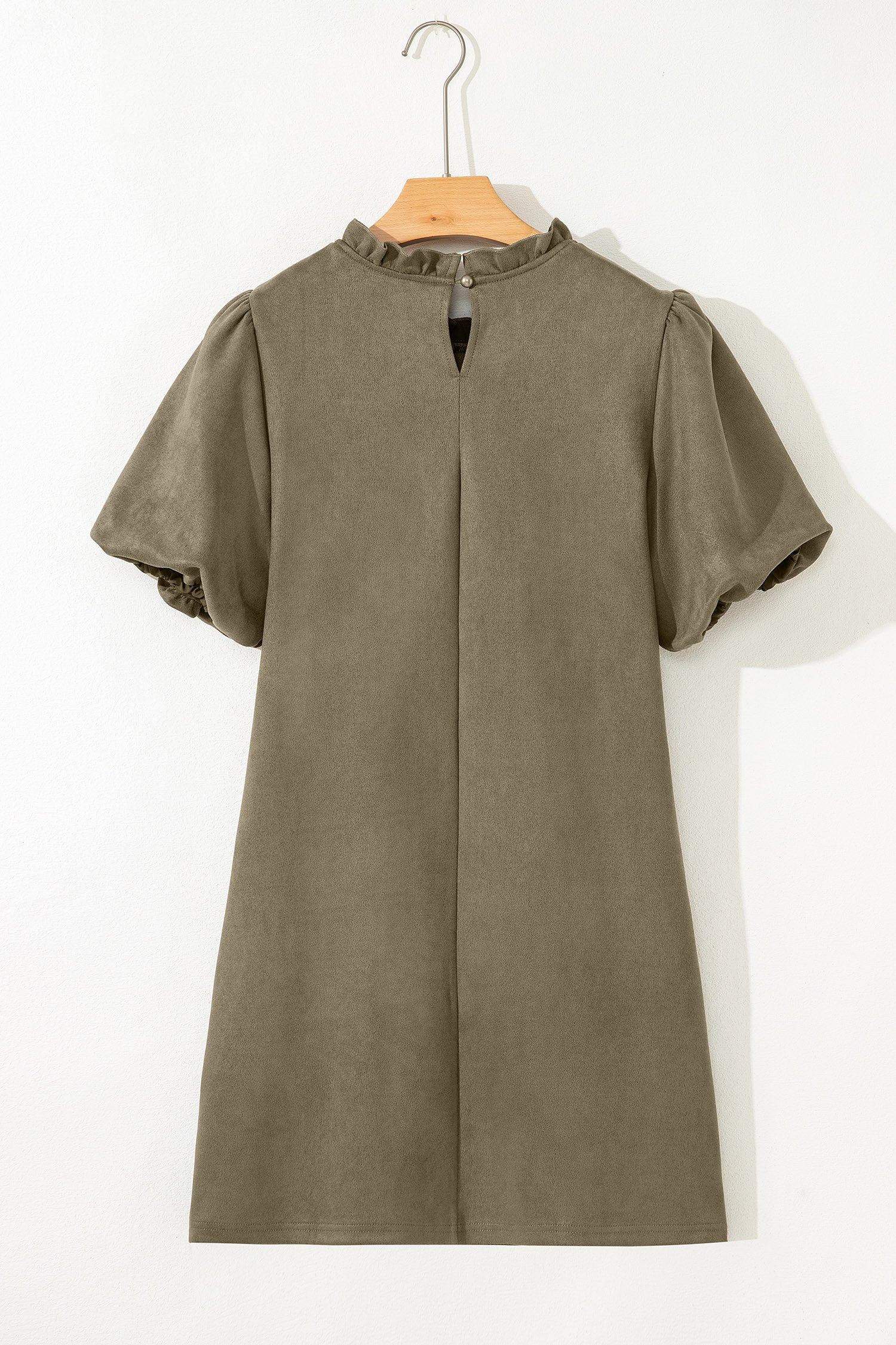 Moss Green Frilled Round Neck Short Puff Sleeve Shift Mini Dress-TOPS / DRESSES-[Adult]-[Female]-2022 Online Blue Zone Planet