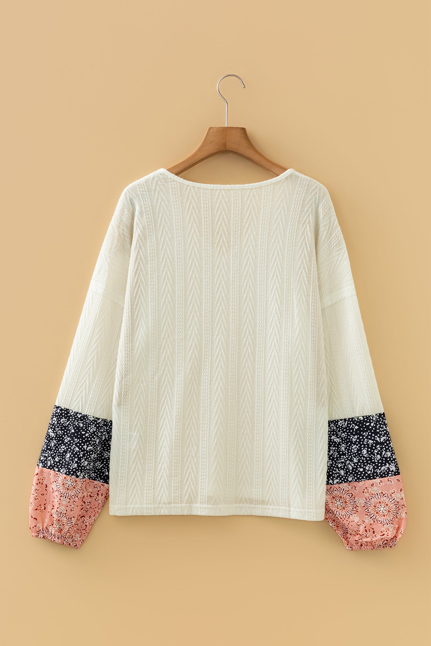 White Floral Patchwork Textured Knit Drawstring V Neck Blouse-Tops/Blouses & Shirts-[Adult]-[Female]-2022 Online Blue Zone Planet