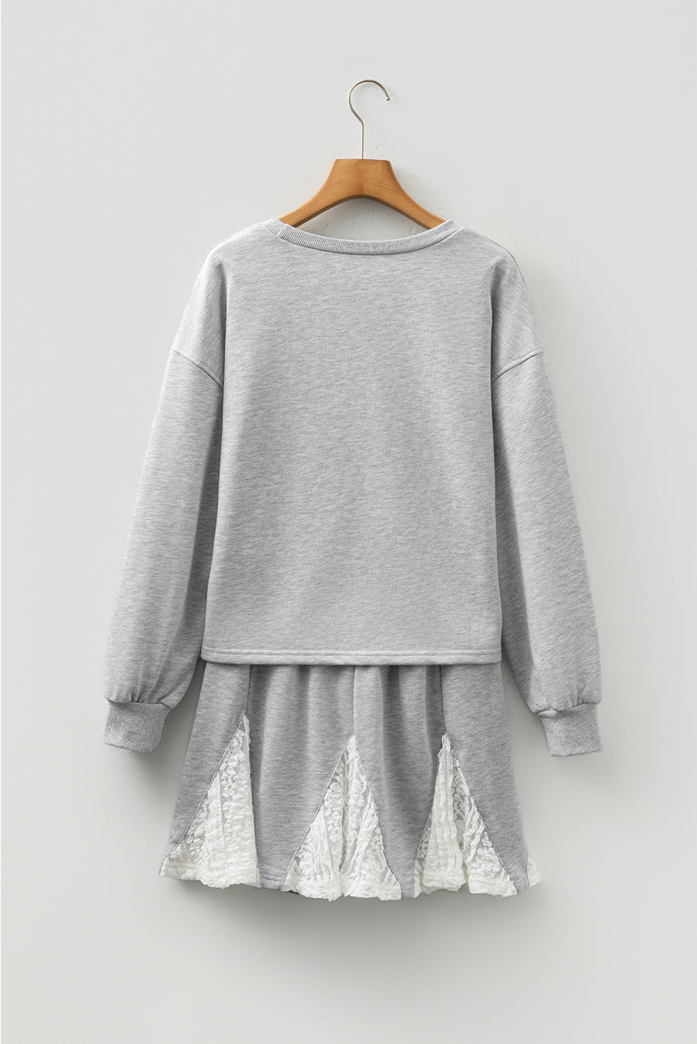 Light Grey Lace Patchwork Drop Shoulder Pullover Drawstring Skort 2pcs Outfit-Two Piece Sets/Two Piece Dresses-[Adult]-[Female]-2022 Online Blue Zone Planet