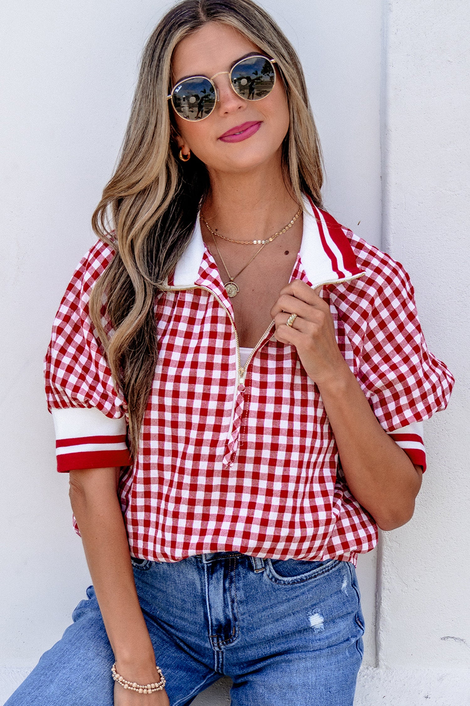 Red Gingham Striped Patchwork Half Zip Blouse-Tops/Blouses & Shirts-[Adult]-[Female]-2022 Online Blue Zone Planet