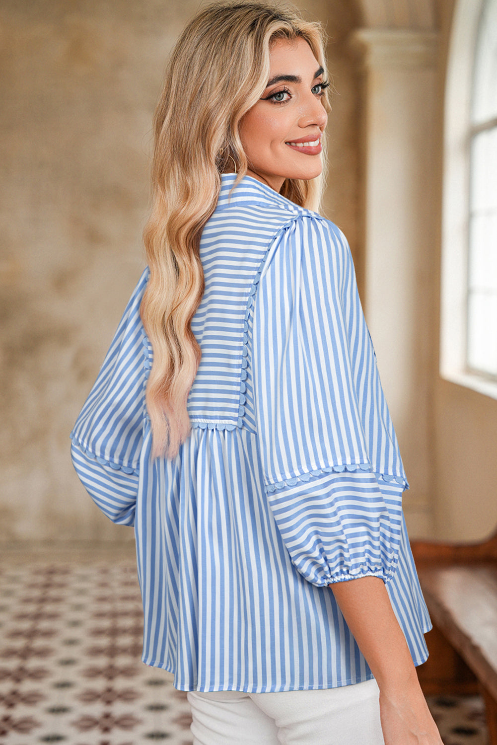 Sky Blue Stripe Shirt Collar V Neck Ricrac Trim 3/4 Puff Sleeve Blouse-Tops/Blouses & Shirts-[Adult]-[Female]-2022 Online Blue Zone Planet