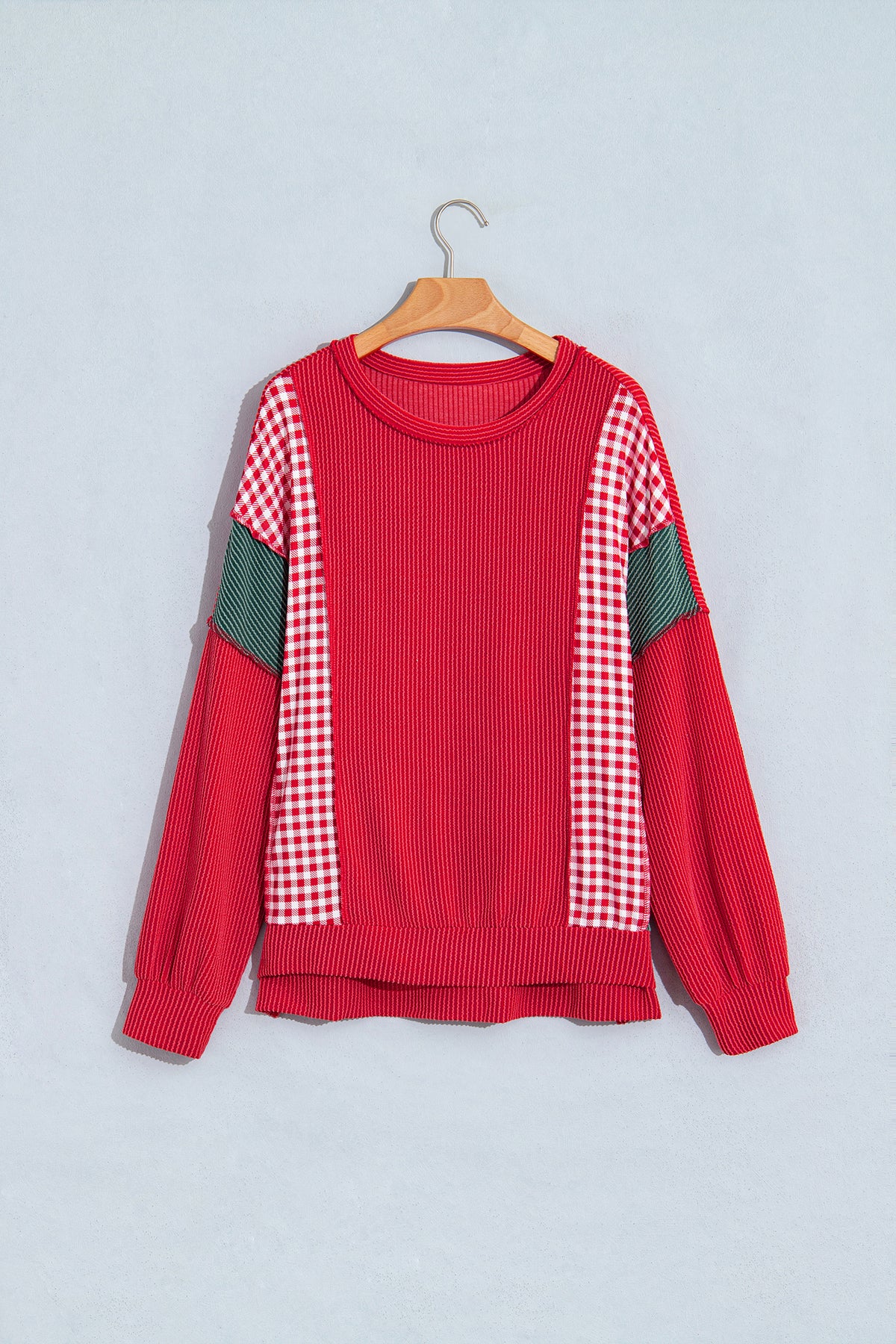 Fiery Red Patchwork Plaid Colorblock Twist Rib Round Neck Long Sleeve Top-Tops/Long Sleeve Tops-[Adult]-[Female]-2022 Online Blue Zone Planet
