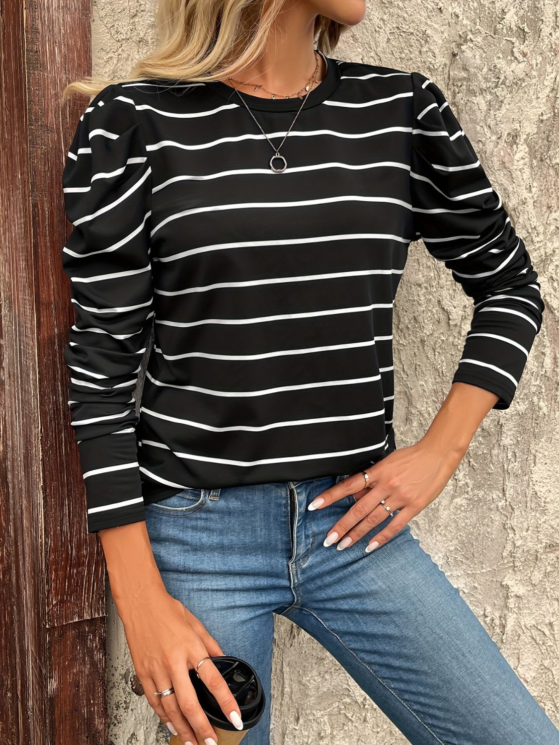 Blue Zone Planet | Full Size Striped Round Neck Puff Sleeve T-Shirt-TOPS / DRESSES-[Adult]-[Female]-2022 Online Blue Zone Planet