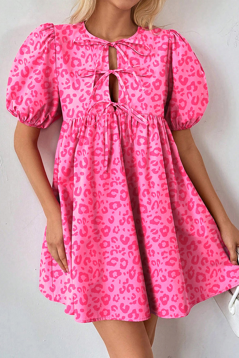 Rose Leopard Puff Sleeve Tie Front High Waist Mini Dress-Dresses/Mini Dresses-[Adult]-[Female]-Rose-S-2022 Online Blue Zone Planet