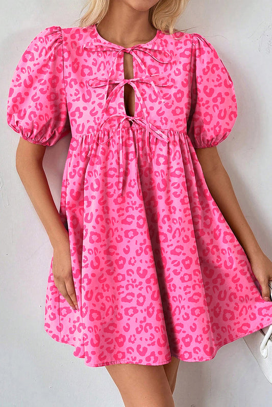 Rose Leopard Puff Sleeve Tie Front High Waist Mini Dress-Dresses/Mini Dresses-[Adult]-[Female]-Rose-S-2022 Online Blue Zone Planet