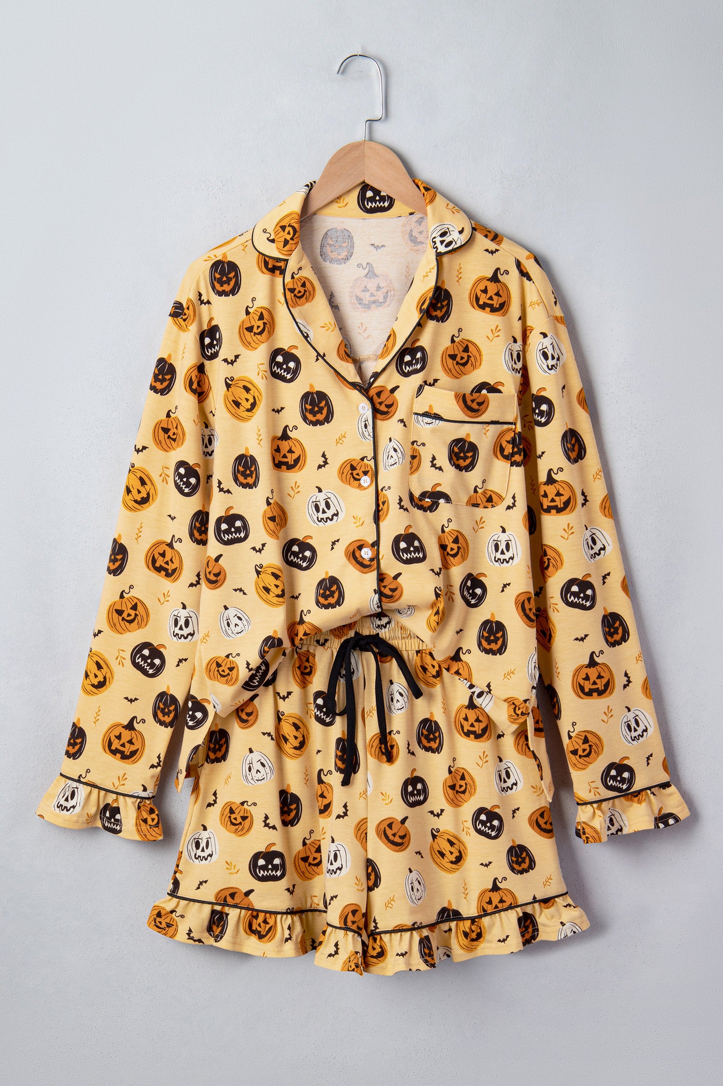Orange Long Sleeve Ruffle Pumpkin Face Print Two Piece Lounge Set-Loungewear & Sleepwear/Loungewear-[Adult]-[Female]-2022 Online Blue Zone Planet