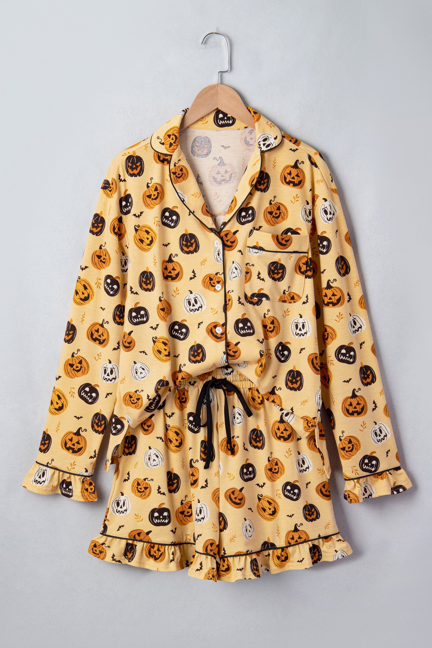 Orange Long Sleeve Ruffle Pumpkin Face Print Two Piece Lounge Set-Loungewear & Sleepwear/Loungewear-[Adult]-[Female]-2022 Online Blue Zone Planet