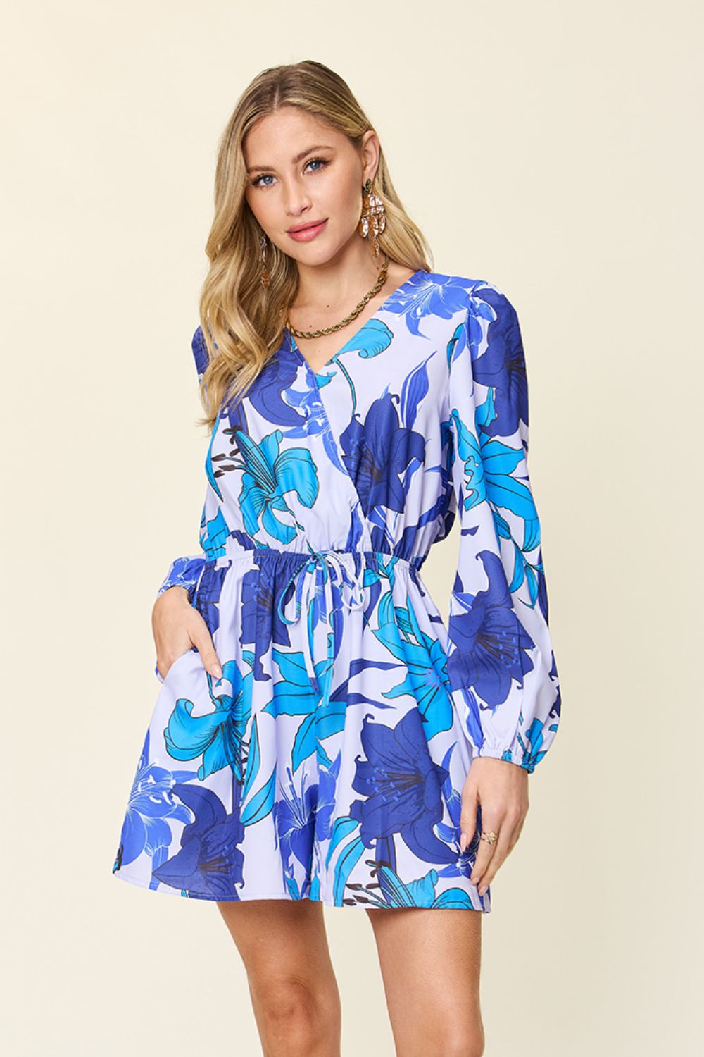 Blue Zone Planet | Double Take Full Size Floral Long Sleeve Romper with Pockets-TOPS / DRESSES-[Adult]-[Female]-Blue-S-2022 Online Blue Zone Planet