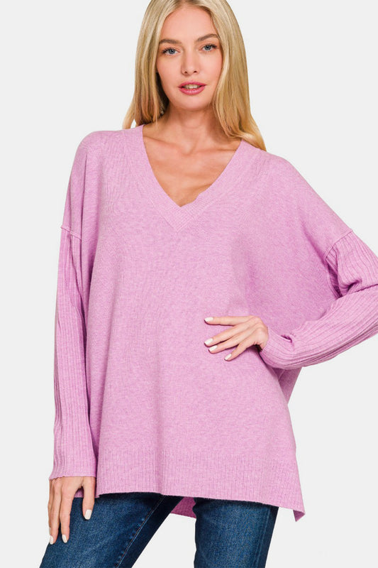 Zenana V-Neck Side Slit High-Low Sweater-TOPS / DRESSES-[Adult]-[Female]-H Mauve-S/M-2022 Online Blue Zone Planet