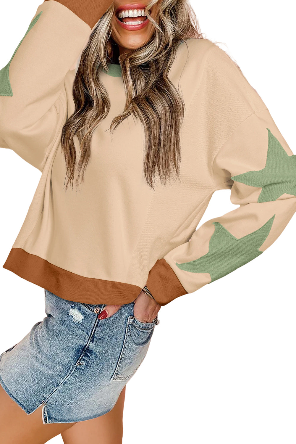 Parchment Star Patchwork Exposed Seam Oversized Sweatshirt-Sweatshirts & Hoodies-[Adult]-[Female]-2022 Online Blue Zone Planet