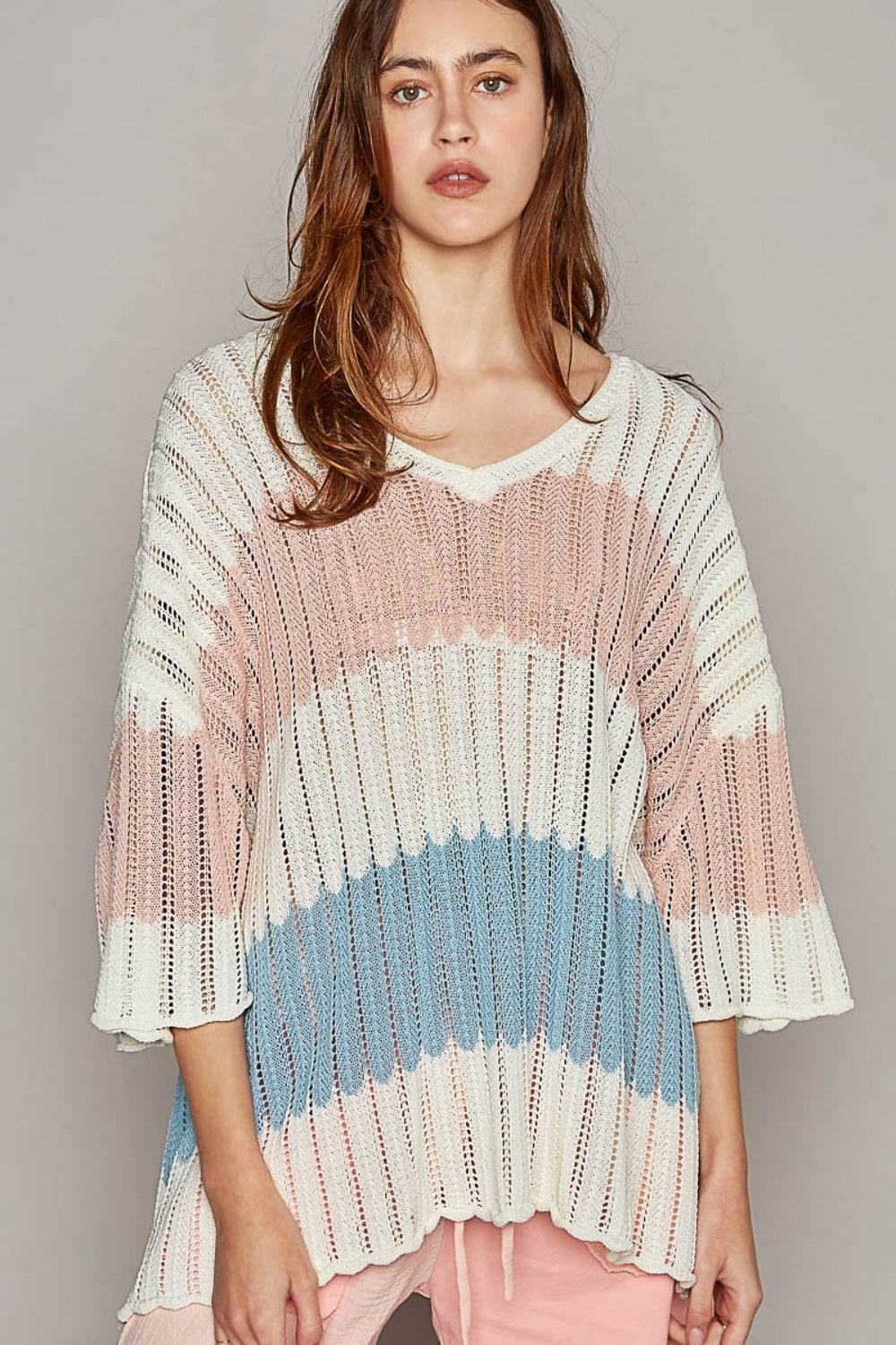 Blue Zone Planet | POL V-Neck Short Sleeve Stripe Weave Sweater-TOPS / DRESSES-[Adult]-[Female]-Ivory Multi-S-2022 Online Blue Zone Planet