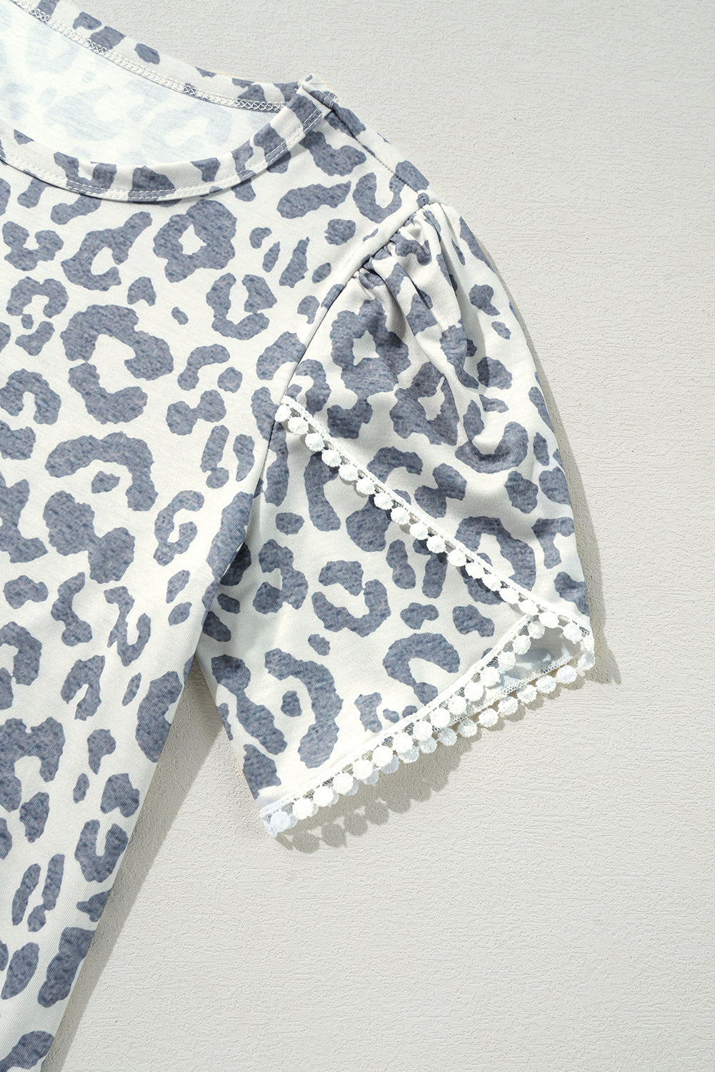 Beige Leopard Round Neck Lace Trim Petal Sleeve T Shirt-Tops/Tops & Tees-[Adult]-[Female]-2022 Online Blue Zone Planet