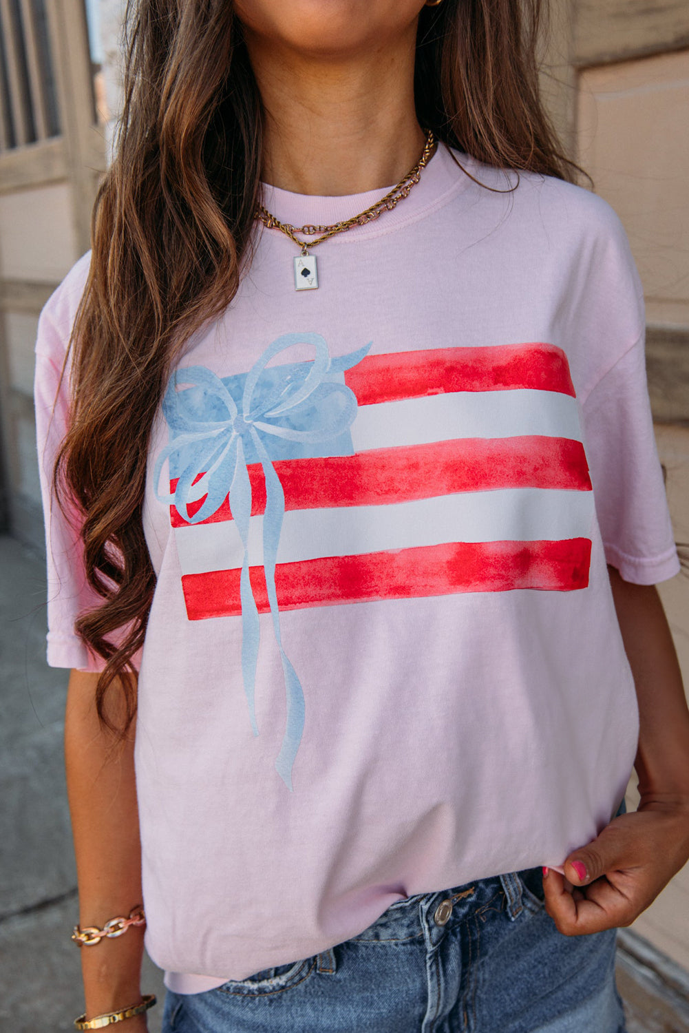 Light Pink Flag Bow Graphic Crewneck Tee-Tops/Tops & Tees-[Adult]-[Female]-Light Pink-S-2022 Online Blue Zone Planet