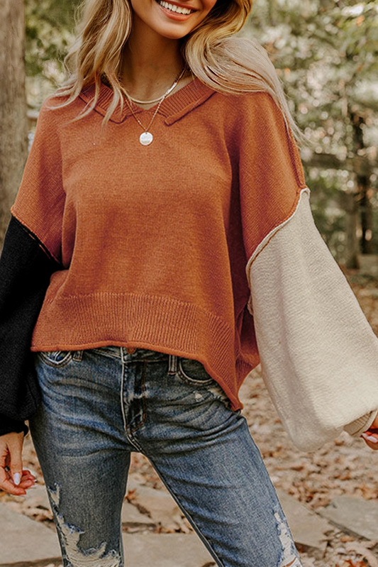 Desert Gold Colorblock Raw Edge Bubble Sleeve V Neck Sweater-Sweaters & Cardigans/Sweaters-[Adult]-[Female]-2022 Online Blue Zone Planet