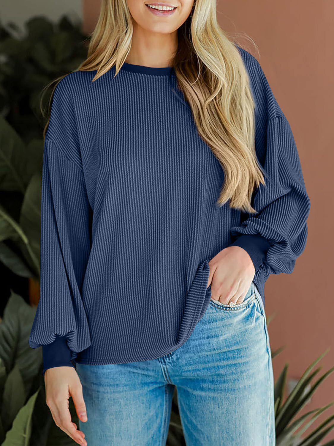 Round Neck Drop Shoulder Long Sleeve Sweatshirt-TOPS / DRESSES-[Adult]-[Female]-Peacock Blue-S-2022 Online Blue Zone Planet