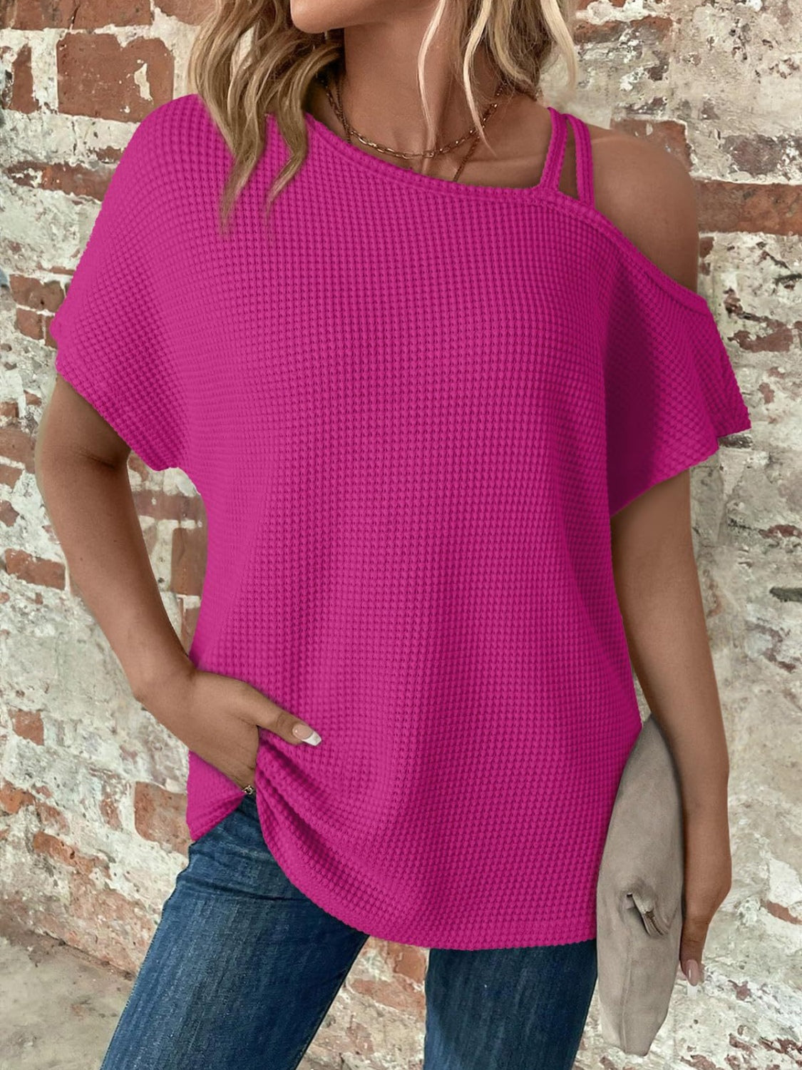 Asymmetrical Neck Short Sleeve T-Shirt-TOPS / DRESSES-[Adult]-[Female]-Hot Pink-S-2022 Online Blue Zone Planet