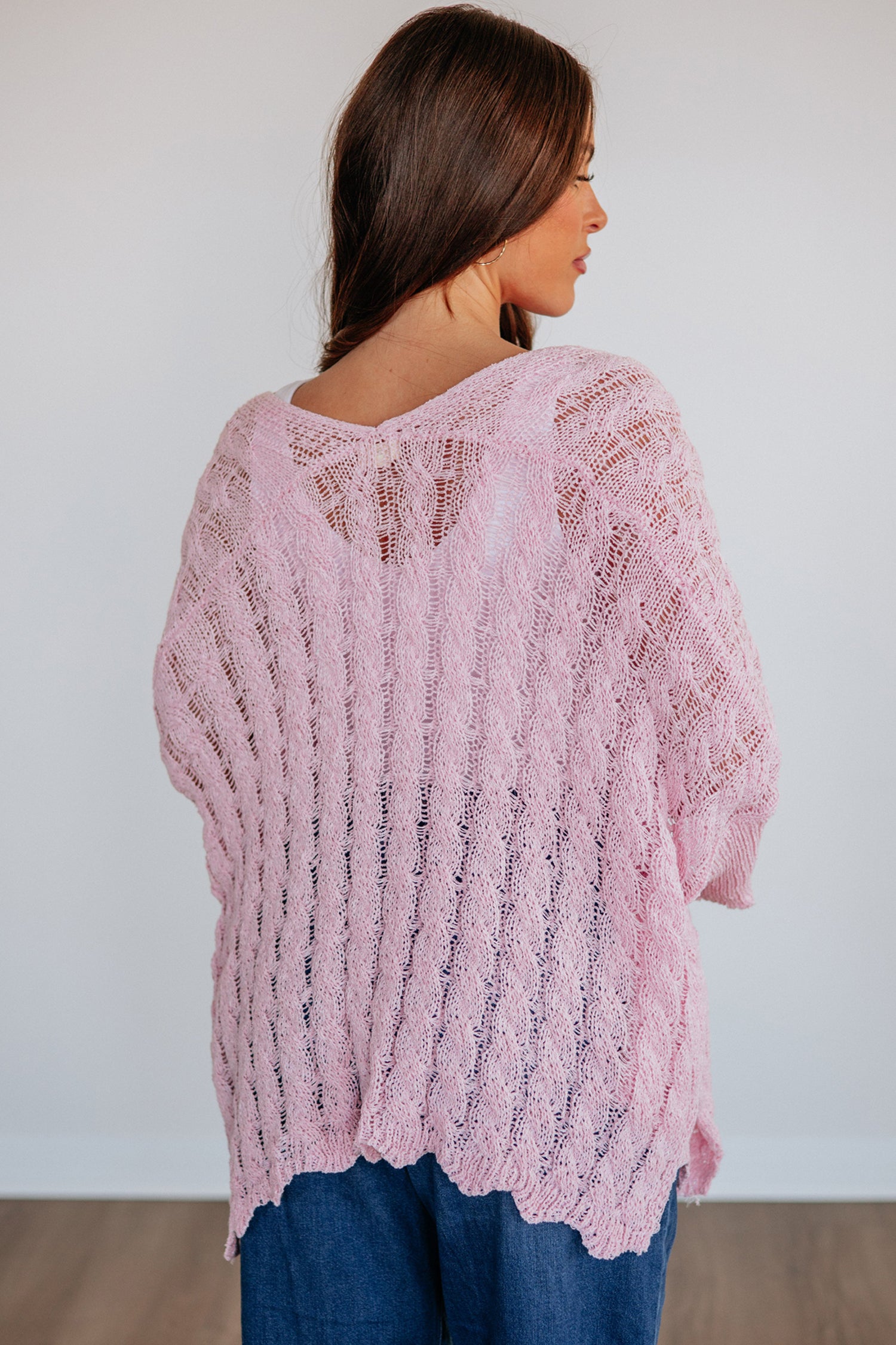 Pink Hollowed Pattern Knit Drop Shoulder Open Sweater Cardigan-Sweaters & Cardigans/Cardigans-[Adult]-[Female]-2022 Online Blue Zone Planet