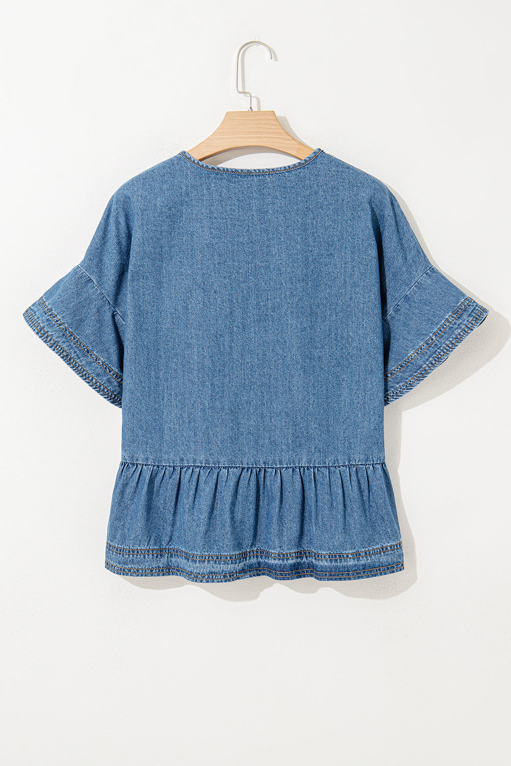 Dusk Blue Denim Ruffled Sleeve Lace up Front Peplum Top-Tops/Bodysuits-[Adult]-[Female]-2022 Online Blue Zone Planet