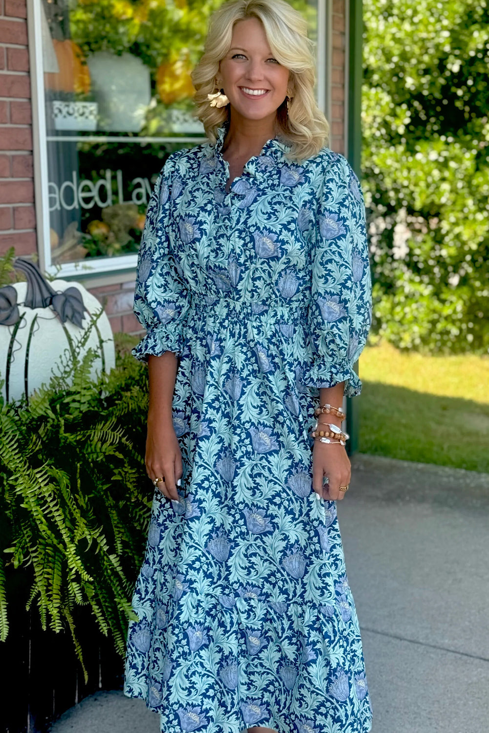 Brown Floral Printed Frilled V Neck Bracelet Sleeve Long Dress-Dresses/Floral Dresses-[Adult]-[Female]-2022 Online Blue Zone Planet