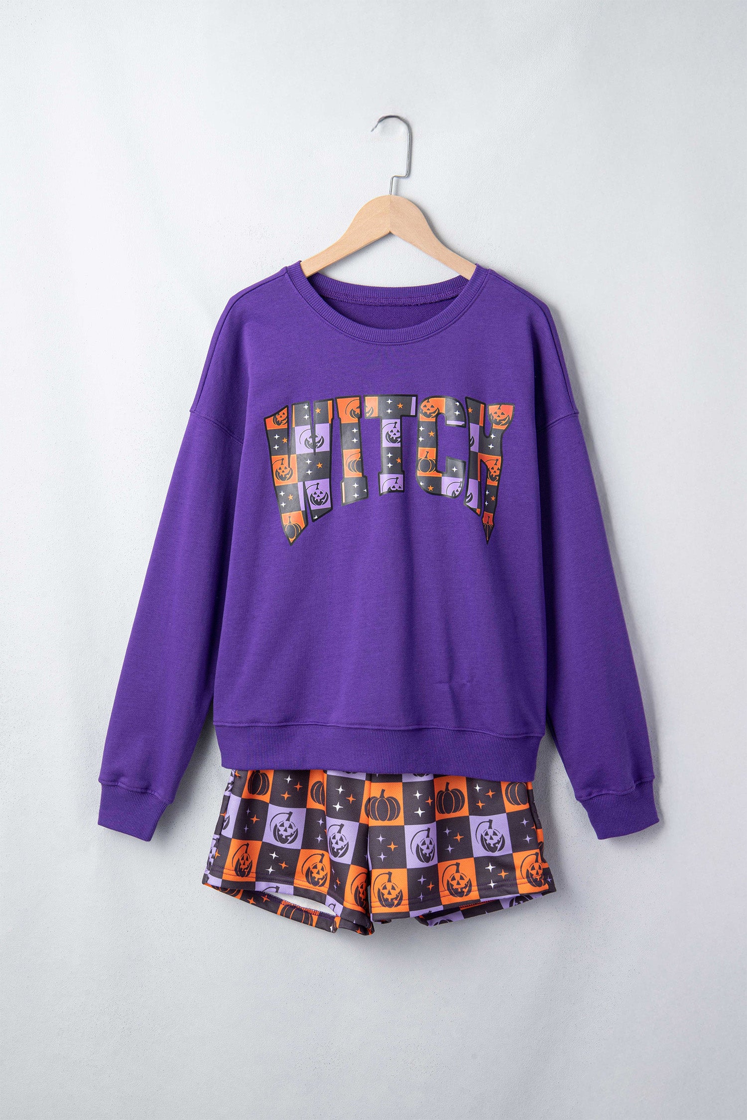 Orange Witch Letter Print Long Sleeve Top Checkered Elastic Waist Shorts Set-Two Piece Sets/Short Sets-[Adult]-[Female]-2022 Online Blue Zone Planet