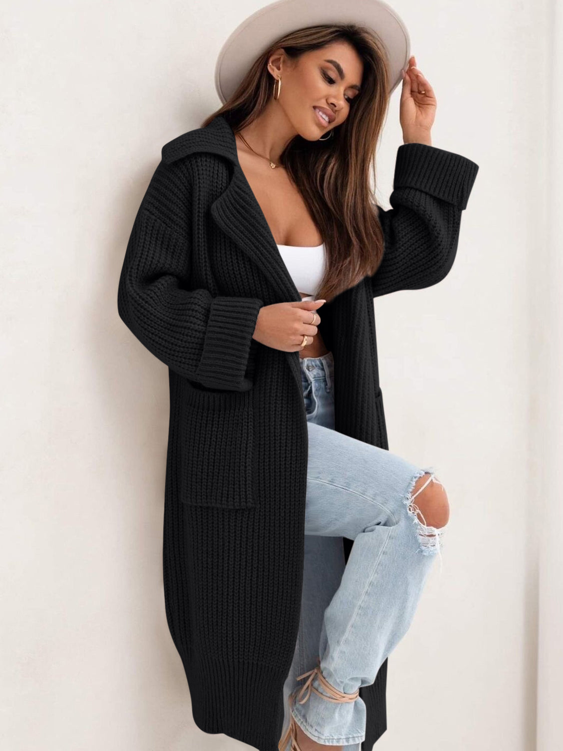 Pocketed Collared Neck Dropped Shoulder Cardigan-TOPS / DRESSES-[Adult]-[Female]-Black-One Size-2022 Online Blue Zone Planet